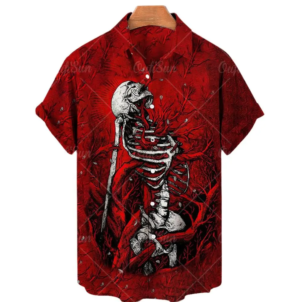 2023 Hawaiian Men's Summer Skeleton Shirt Printed Casual Short Sleeve Fashion Plus Size Single Breasted Top 5xl