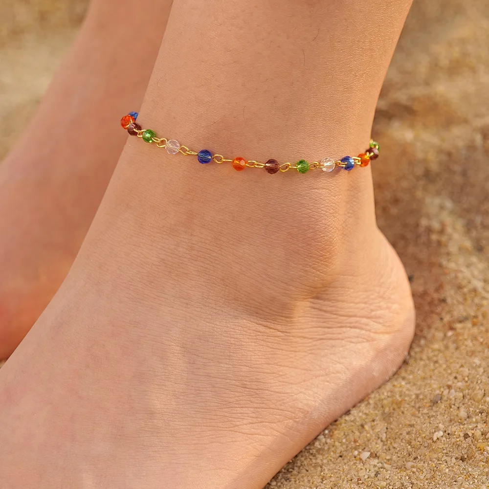 

Gold Plated Stainless Steel Glass Beaded Anklet Vintage Ol Style Female Women's Ornament For Girl