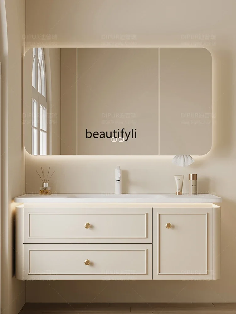 Сливочный шкаф для ванной Corian встроенная керамическая раковина с дубовой дугой