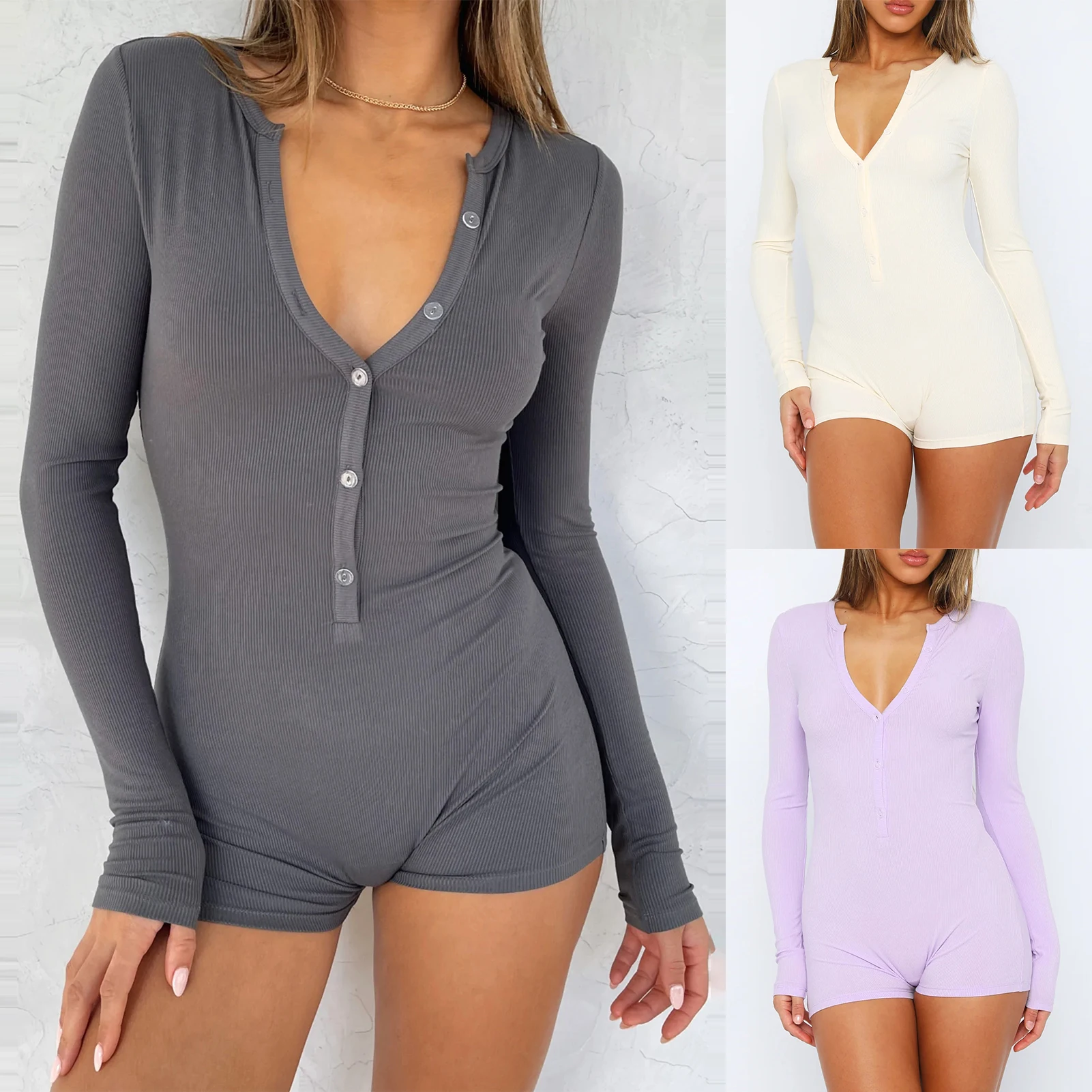 

Women Slim Fit Knitted Short Jumpsuit Crew Neck Single Breasted Solid Color Jumpsuit Fashion Long Sleeve Daily Outfit
