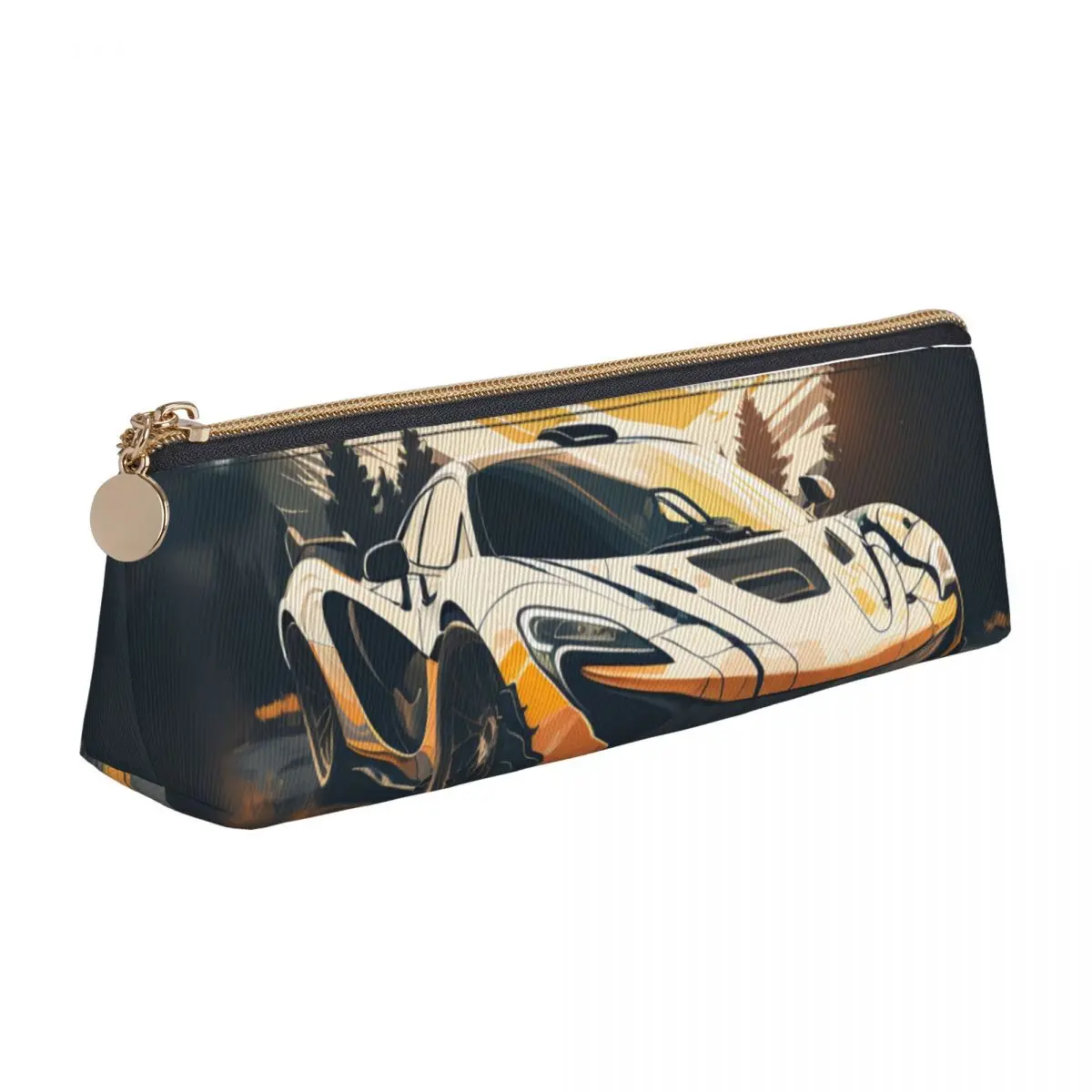

Powerful Sports Car Triangle Pencil Case Sun Mountain School Print Zipper Pencil Box For Teens Vintage Leather Pen Pouch