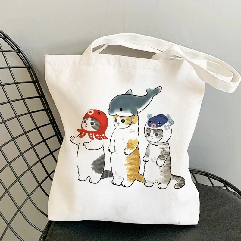 

Сумки для покупок с милыми кошками из мультфильма манга, сумки, холщовые сумки на плечо, женские сумки для покупок, вместительная сумка-тоут, пляжная сумка