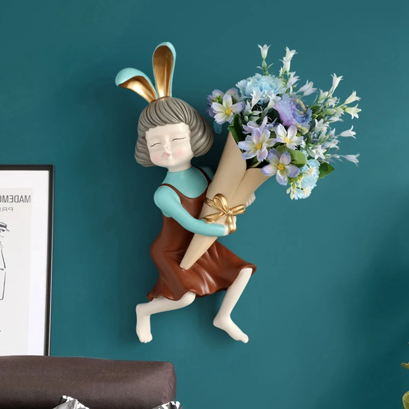 

Wall Vase Decoration Home Decor Rabbit Girl Statue Wall Decor with Flower Vase Room Decor Vase Wall Plant