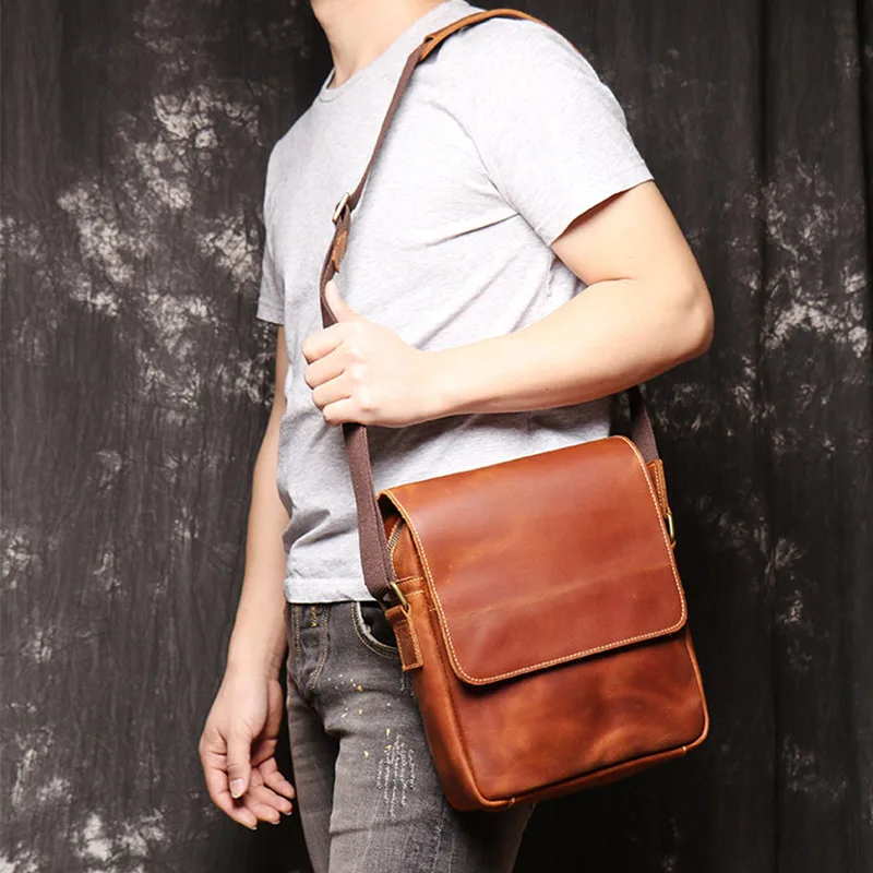 Men Genuine Leather Shoulder Bag Vintage Crazy Horse Leather Crossbody Bag Large Business Handbag for Tablet Male Messenger Bag