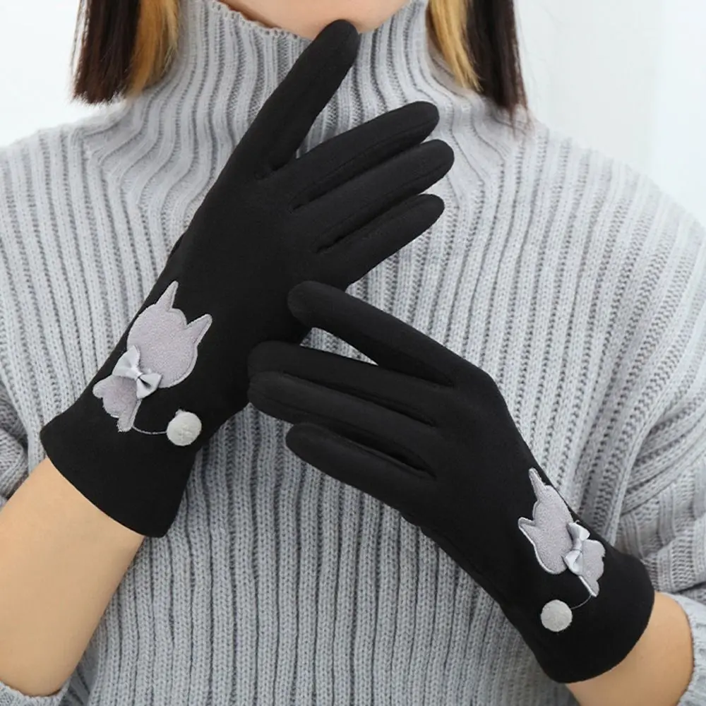 

Touch Screen Winter Velvet Gloves Five Finger Cat Outdoor Riding Mittens Cycling Gloves Bowknot Plush Driving Gloves