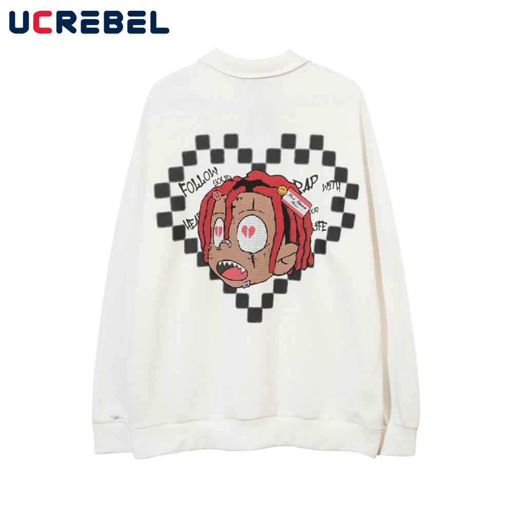 

Свитшот мужской с длинным рукавом и мультяшным принтом, уличная одежда свободного покроя с лацканами, спортивный пуловер с надписью, осень