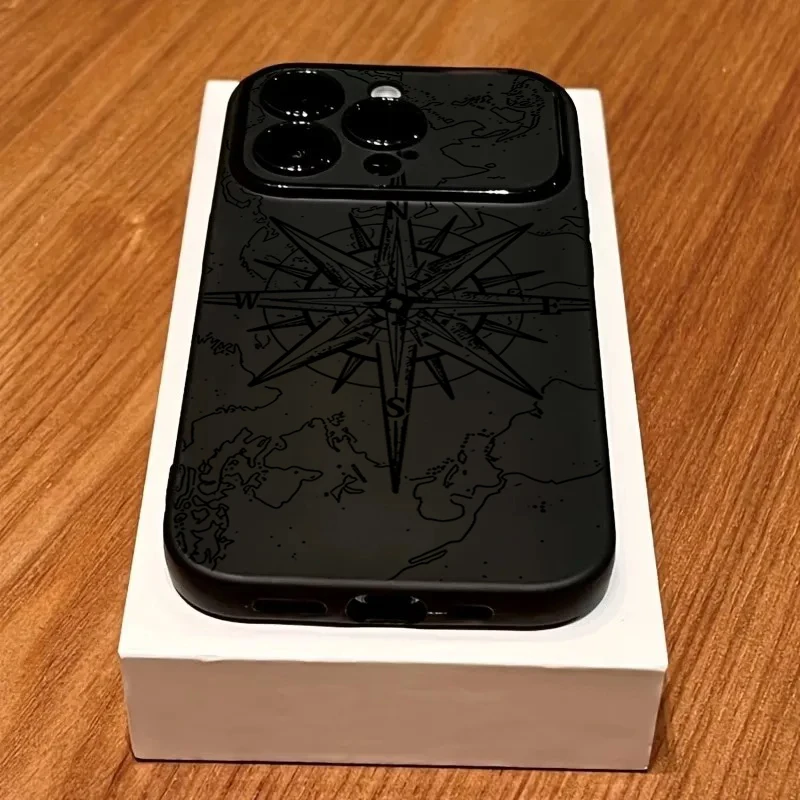 Фото Винтажный чехол для телефона с компасом и картой мира для iPhone 11 12 13 14 Pro 15 Pro Max 16 Plus 17 X XS XR, черный матовый, широкоугольный, мягкий чехол №5