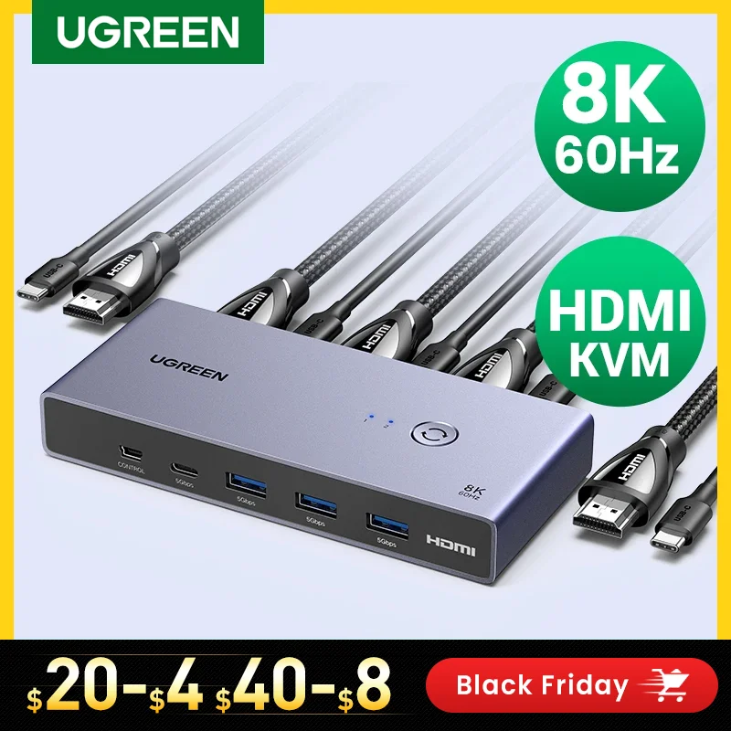 UGREEN 8K 60 Гц HDMI KVM переключатель USB C USB3.0 KVM переключатель 2 шт. совместное использование 1 монитор, принтер, клавиатура, мышь Поддержка 3D ,HDR видение