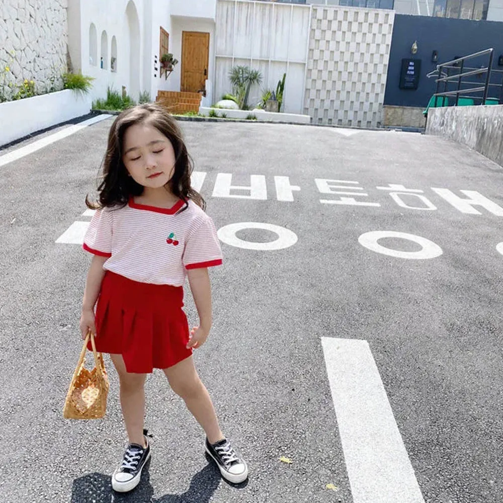 

Toddler Girls Sweet Outfits 2022 Summer Baby Girl Cherry Striped Short-sleeved T-shirt + Skirt Pants Two-piece Set Girl Suits