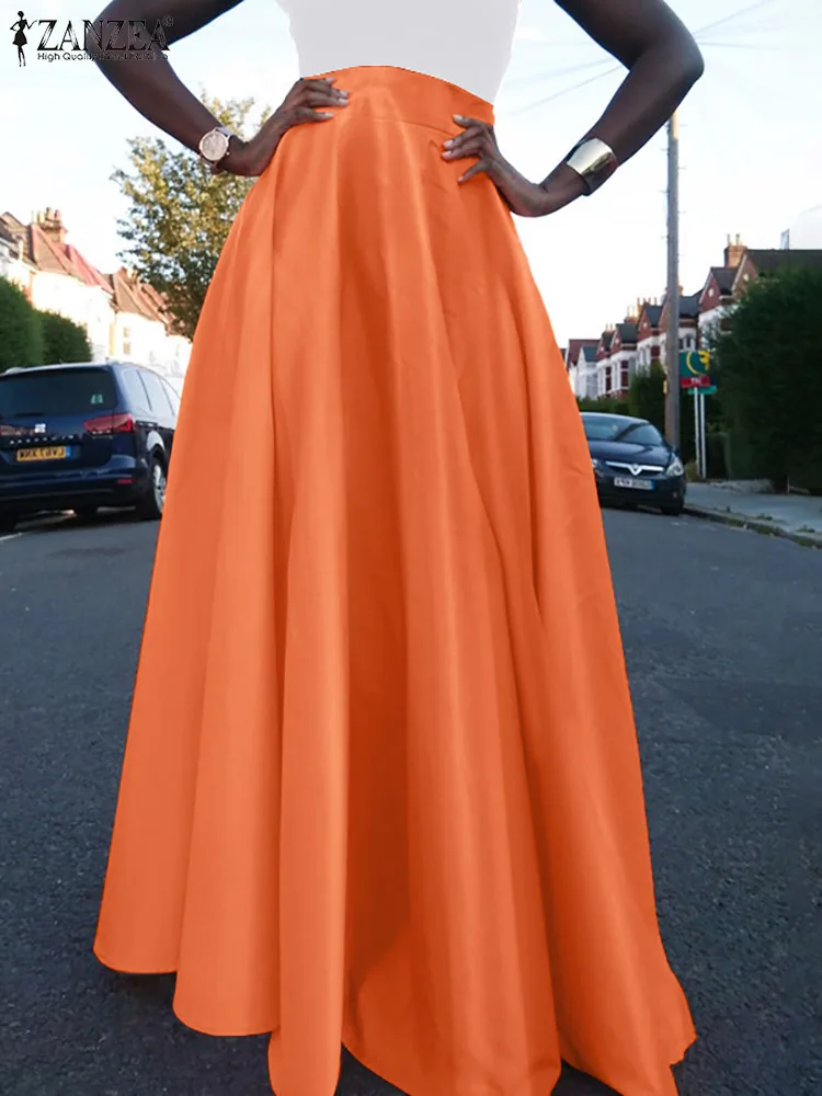 

Юбка-макси ZANZEA Женская атласная с завышенной талией, модная однотонная длинная Повседневная трапециевидвечерние няя юбка до щиколотки, лет...