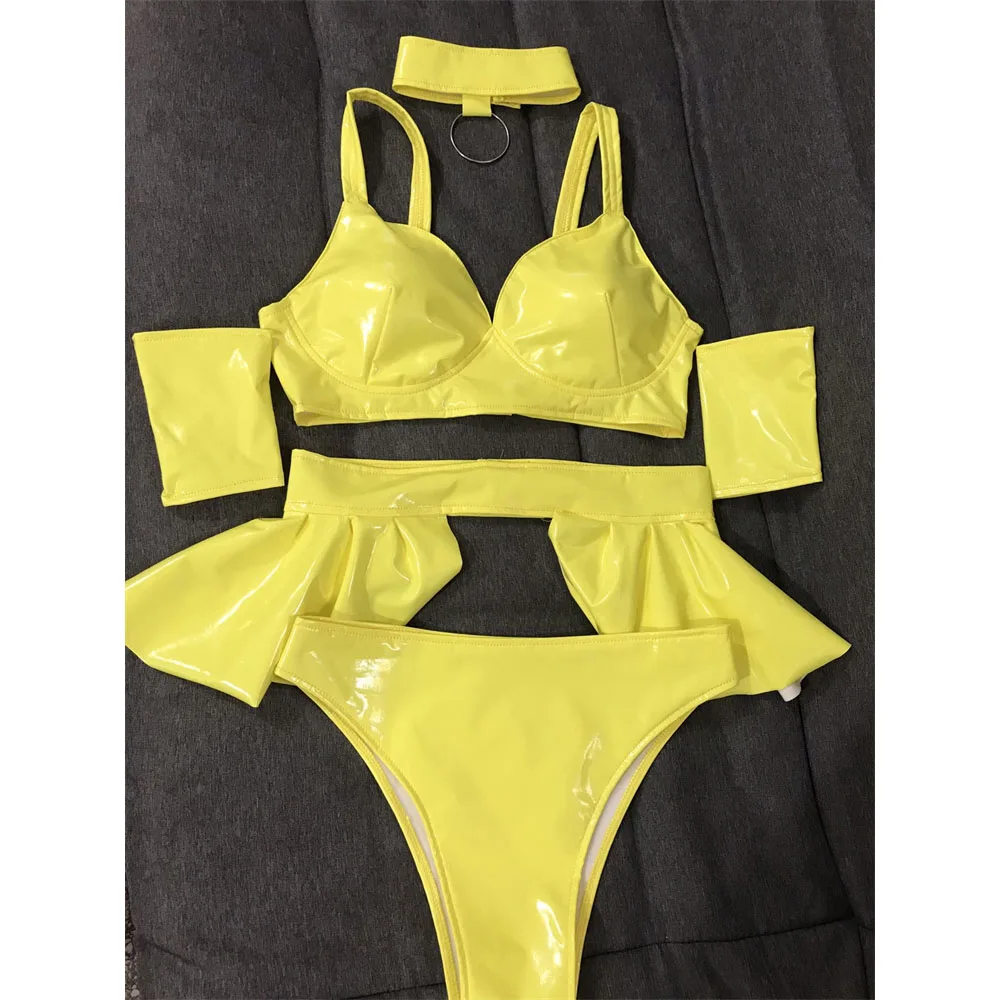 

Pole Dance Nightclub Bar GoGo Singer Ds Performance Clothes Versatile Patent Leather Sexy Suit Yellow Full set