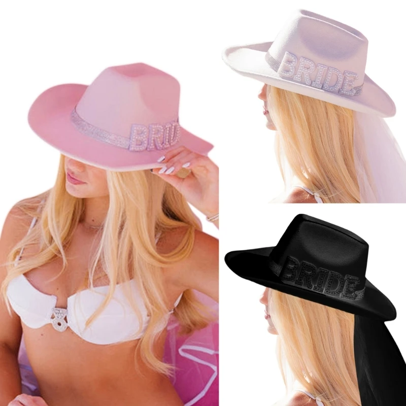 

Pearl BRIDE Letter Cowboy Hat with Long Veil Wide Brim Bridal Western Fedoras Hat for Outdoor Photoshoots Supplies HXBA