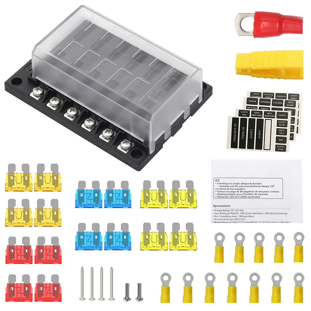 

Блок предохранителей со светодиодным индикатором, 12 способов, 32 В, 100 А