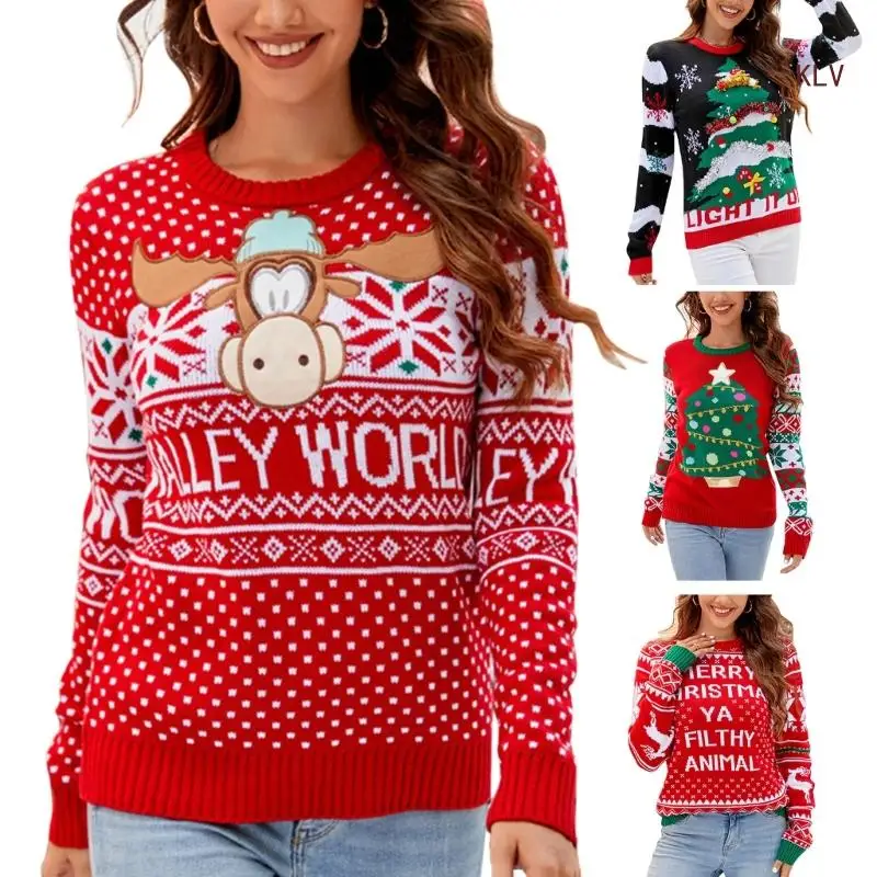 

Womens Christmas Snowflake Reindeer Knitted Sweater Long Sleeve Neck Pullover Knitwear Cartoon Print Tops