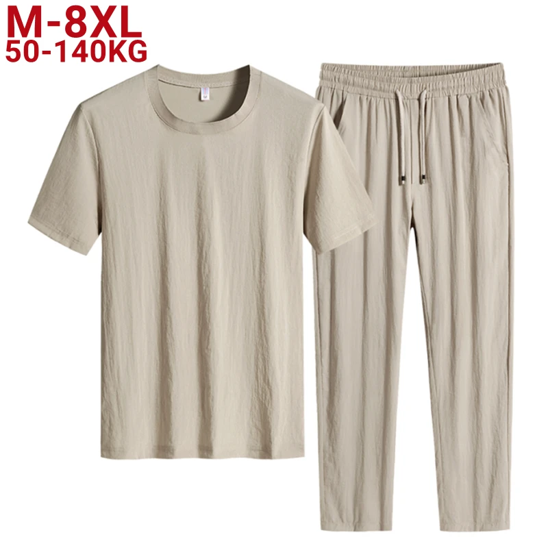 

Plus Size 7xl 8xl Summer Men's Tracksuits T-shirts+Pants 2 Piece Clothing Sets Men Sportswear Straight Casual Jogger Sweat Suits
