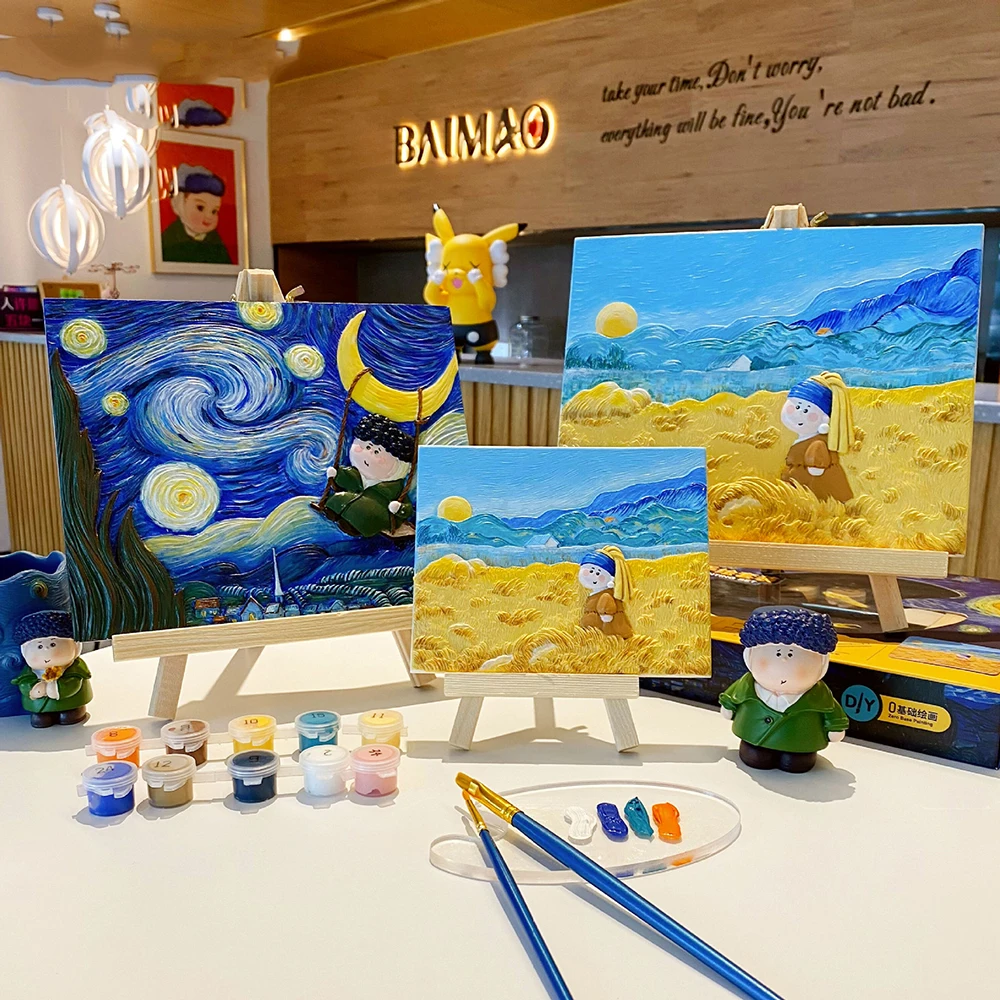 

Cute Artwork Van Gogh The Starry Night 3D Relief Color Painting Set Paddy A Girl With Pearl Earrings Toy For Friend Kids Gift