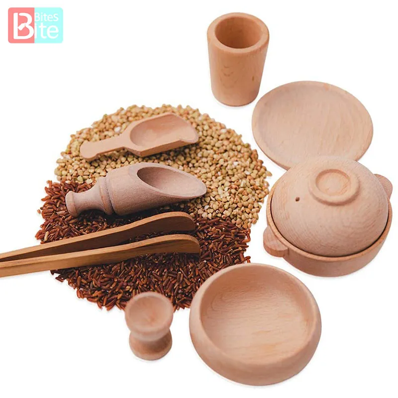 

Wooden Montessori Baby Kitchen Play House Toys Motor Skills Learning Waldorf Education Toys Wooden Dish Scoops Tongs Cup Set
