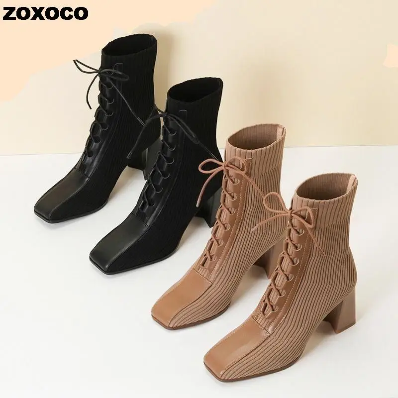 ZOXOCO 2022 Autumn Winter New Fashion Stitching Knitted Elastic Stockings Boots High-heeled Short Boots Women's Square Toe 39