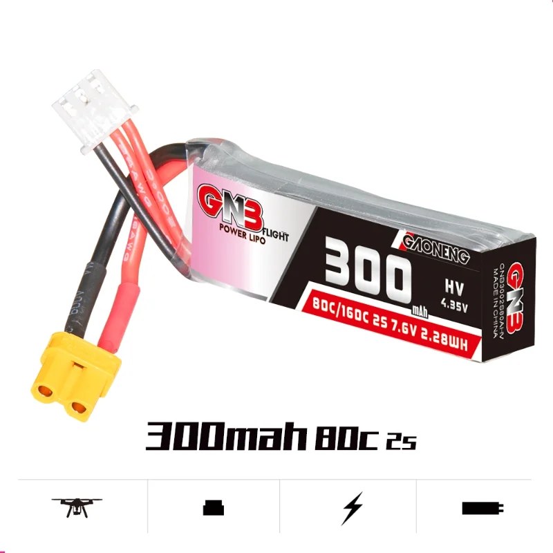 

5 шт. GaoNeng GNB 300 мАч 2S 7,6 в HV 80C 160C HV 4,35 в 2S1P литий-полимерный аккумулятор с разъемом XT30 для домашнего FPV радиоуправляемого гоночного дрона