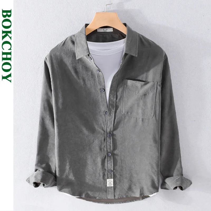 

2021 Autumn Winter New Men Simple Versatile Long-sleeved Shirt Loose Casual Literary Base Youth Shirt Lake Blue Workwear 9621