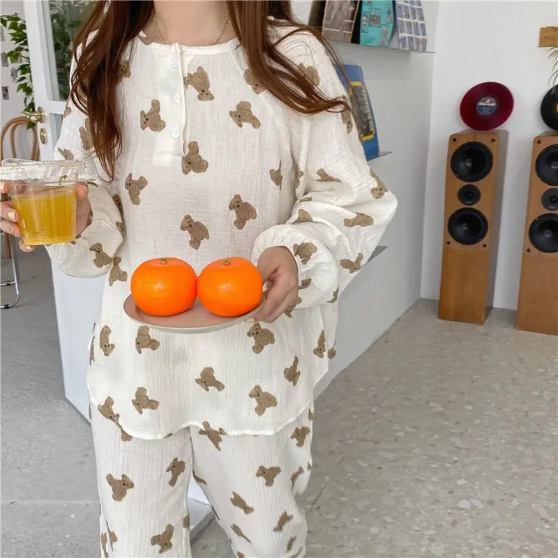 QWEEK Pijamas Women Cotton Two Piece Set Round Neck Kawaii Bear Pajamas Girls Sleepwear Nightwear Loose and Soft Pyjamas Cute
