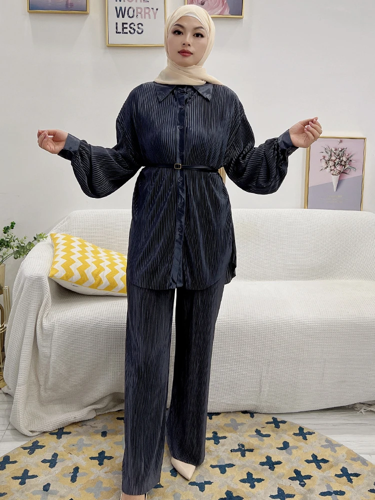 Muslim Dress Women Winter Blouse & Pants Set Abaya Dubai Turkey Solid Color Pleated Fashion Set 2 Piece Islamic Clothing Sets