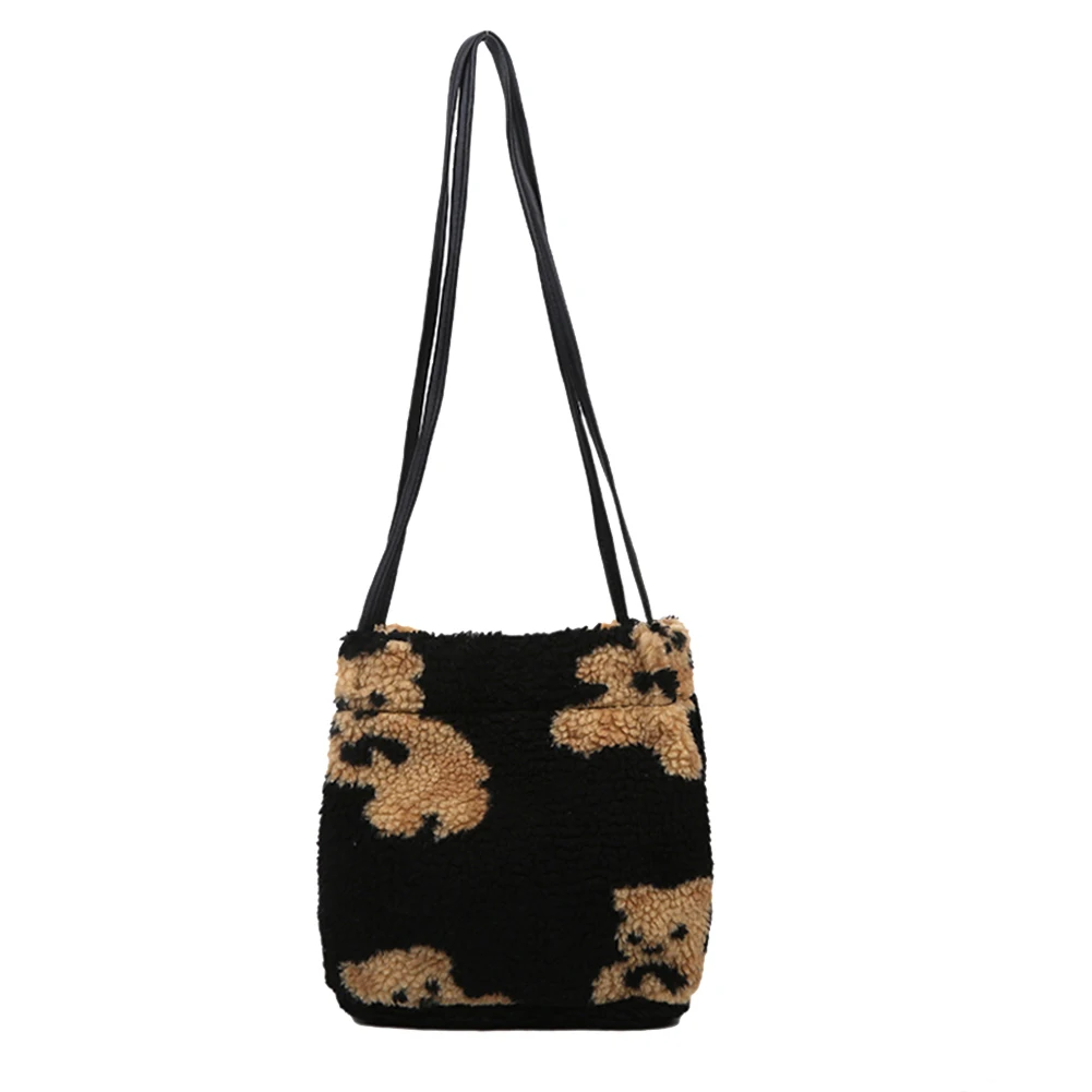 

Female Top-handle Handbag Vintage Bear Printed Shoulder Tote Bag Fleece Satchels Popular Simple Female Daily Bag