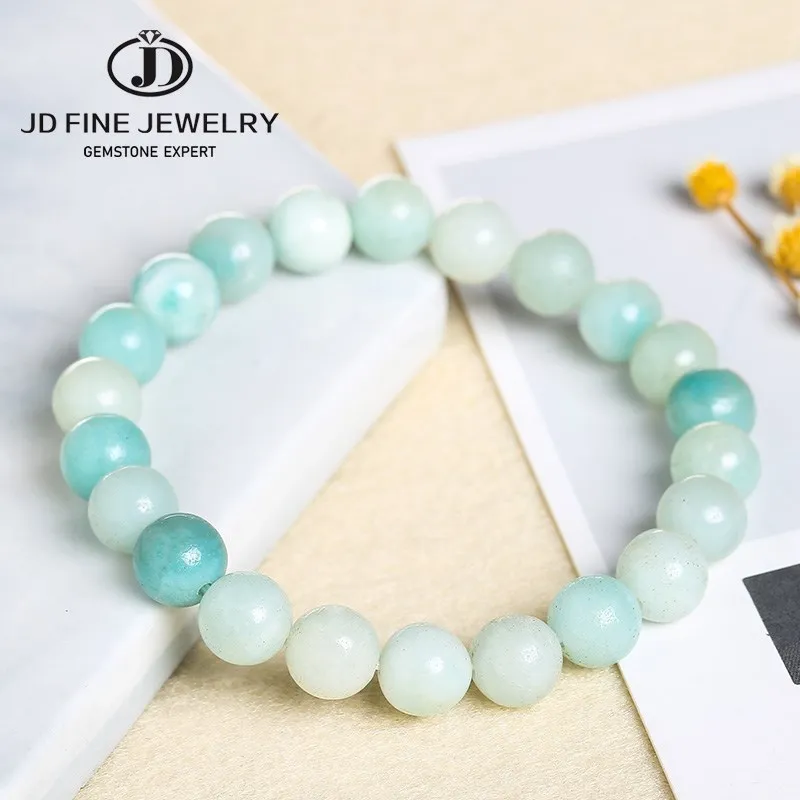 

JD Natural Blue Amazonite Stones Beads Bracelets Women Men Trendy Smooth Round Lucky Yoga Strand Bangles Friendship Jewelry Gift