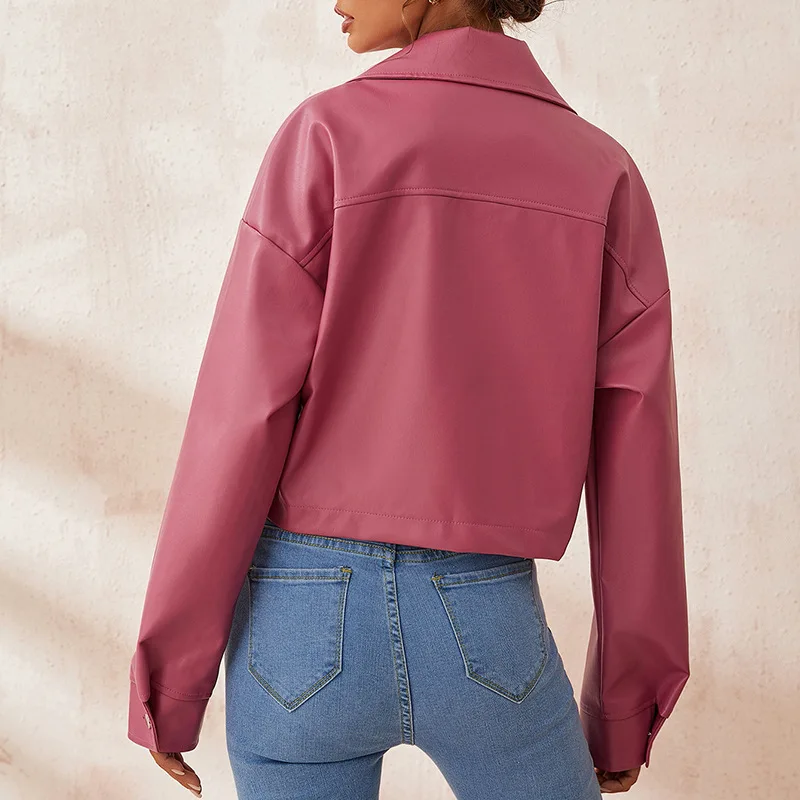 Women's Fashion Spring Autumn Leather Coat Pink Faux Leather  Zipper  Winter Coat Women Solid  Pu Faux Leather Biker Zipper Moto