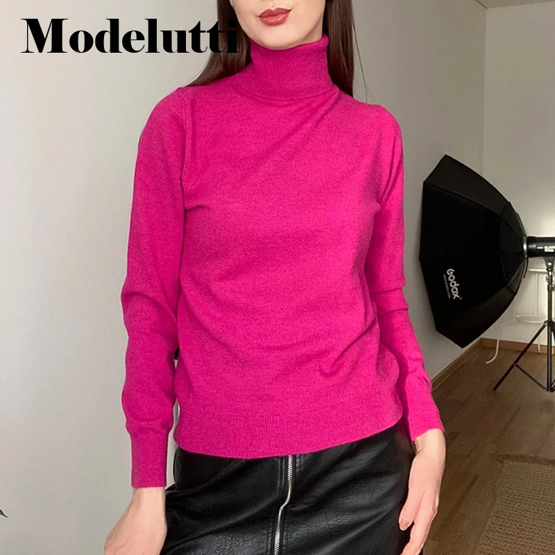 

Modelutti 2023 New Spring Autumn Fashion Women Long Sleeve High Collar Slim Knitted Sweater Casual Solid Simple Tops Female Chic