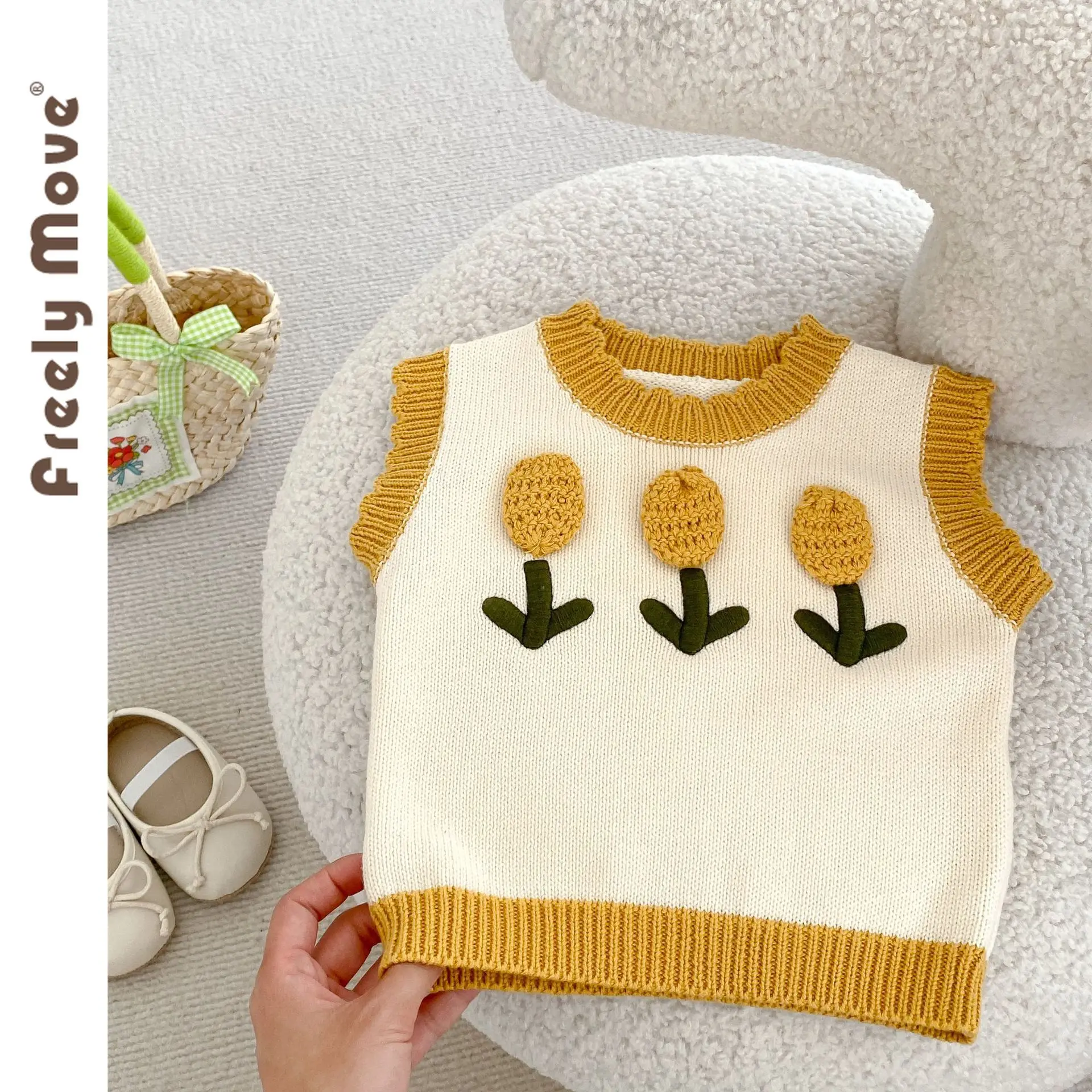 

Freely Move Sweey Baby Girl Knitted Vest 2023 Toddler Pullover Outerwear Waistcoat New Autumn Sleeveless Floral Girls Vest Coat