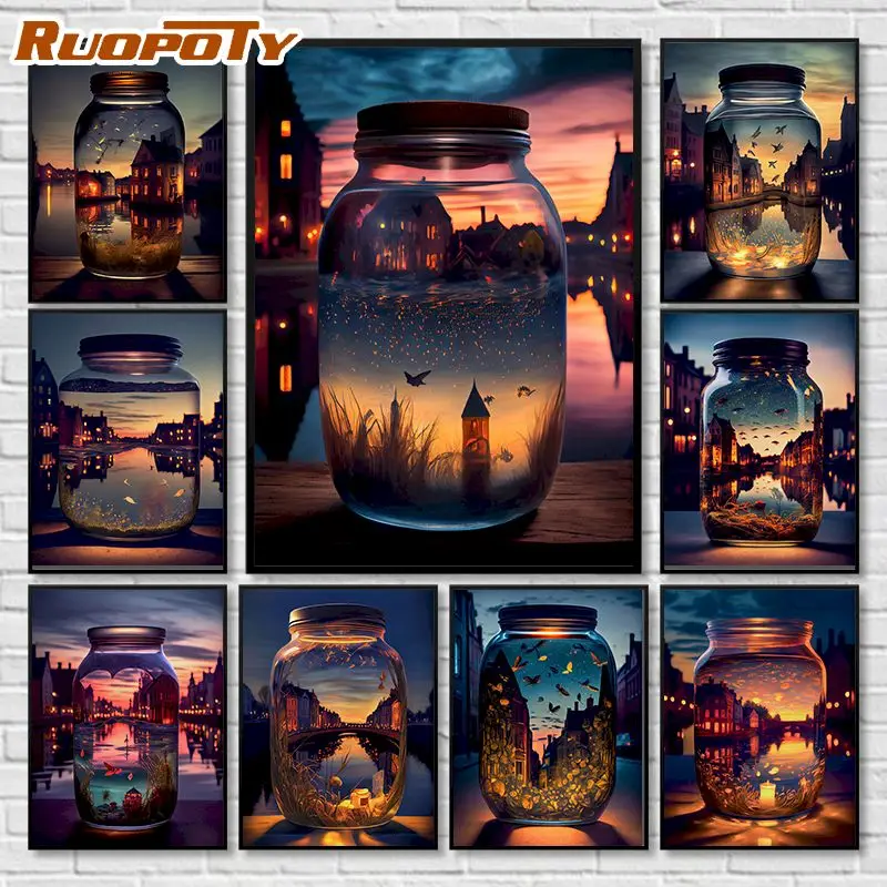 

RUOPOTY Oil Painting By Number Glass Bottle Acrylic Paints Painting By Number Scenery Painting Home Decor