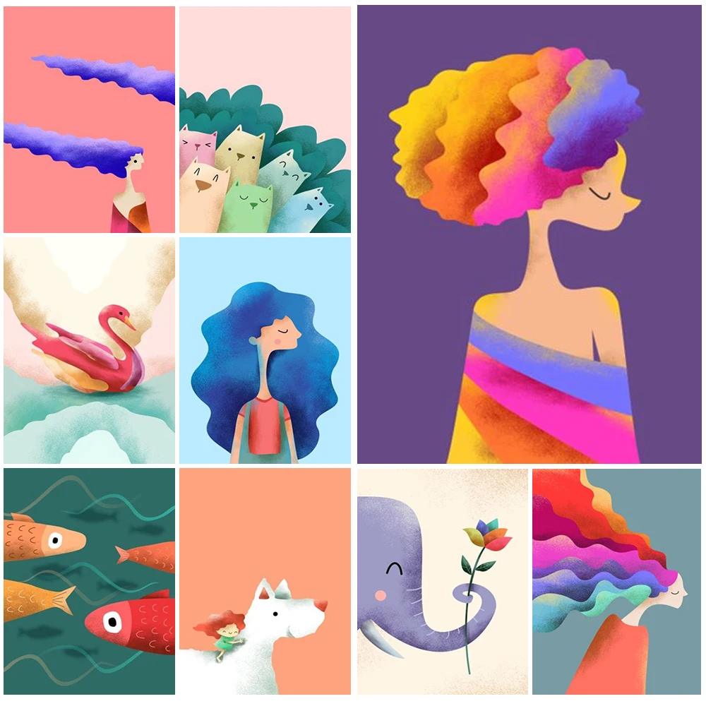 

Colorful Hair Girl Cartoon Swan Cats Fish Nursery Wall Art Canvas Painting Home Decor Wall Pictures For Living Room Unframed