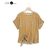 2022 summer womens fashion new silk crepe de chine top mulberry silk yellow stripe printing loose womens t shirt versatile