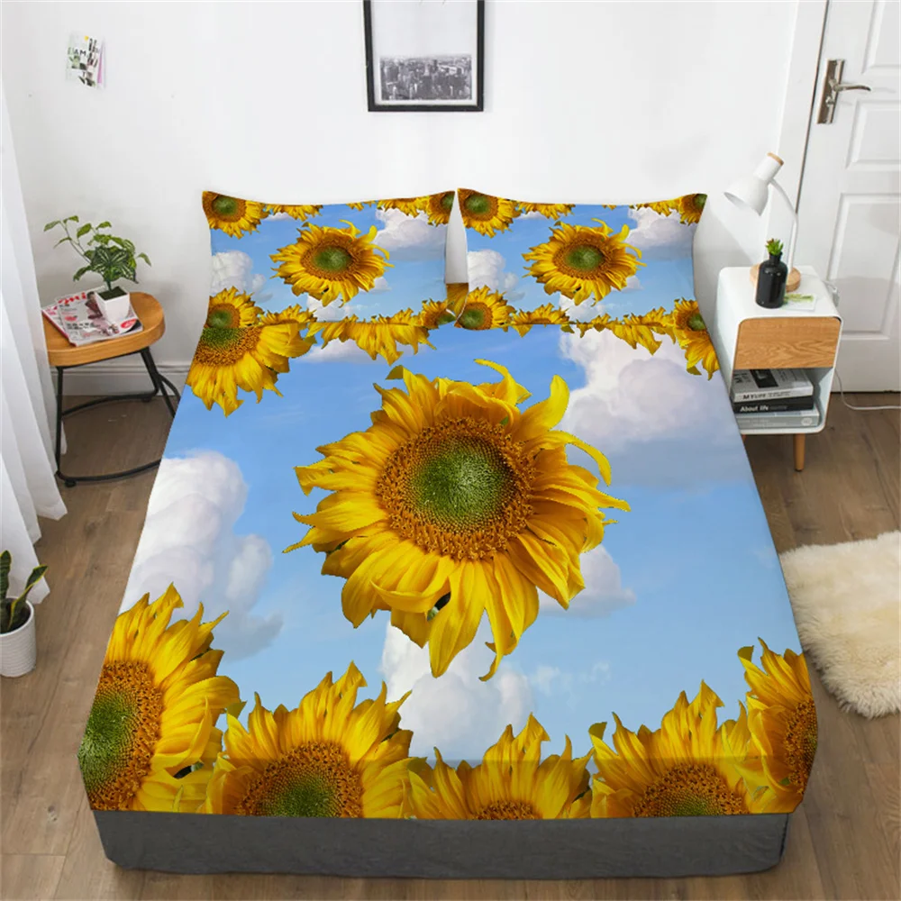 

3D Sunflower Bedcover Print Women Girl Bedclothes Decoration Double Size Pillowcase Fitted Sheet Bedding Covers