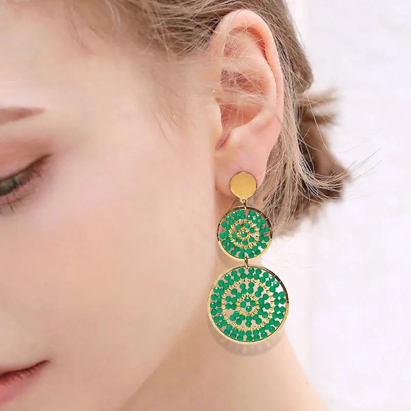 Серьги из рисовых бусин Круглые многослойные зеленые оригинальные богемные