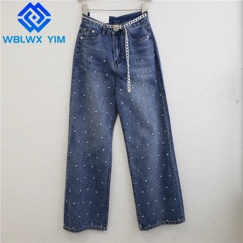 

Jeans for women 2022 Spring Autumn Loose High Waist Denim Straight Pants Jeans Female Streetwear Fashion Bead Washed Jeans