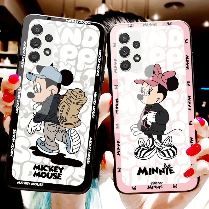 

Disney Mickey Minnie Mirror Glass Phone Case For Samsung Galaxy S21 S20 FE S21Ultra A51 A52 5G A70s Couple Anti-drop Soft Cover