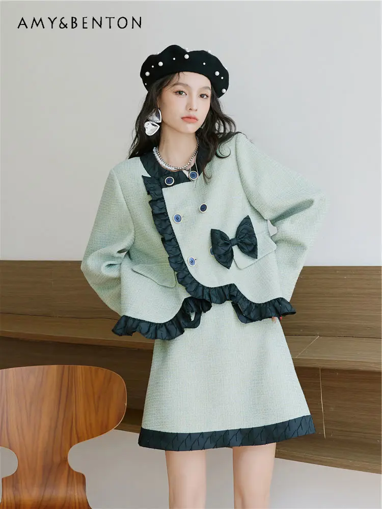 Women's Early Autumn Elegant Contrast Color Bow Top and Skirt Suit Fungus Wave Edge Coat and Hip Skirt Two-Piece Set for Laides