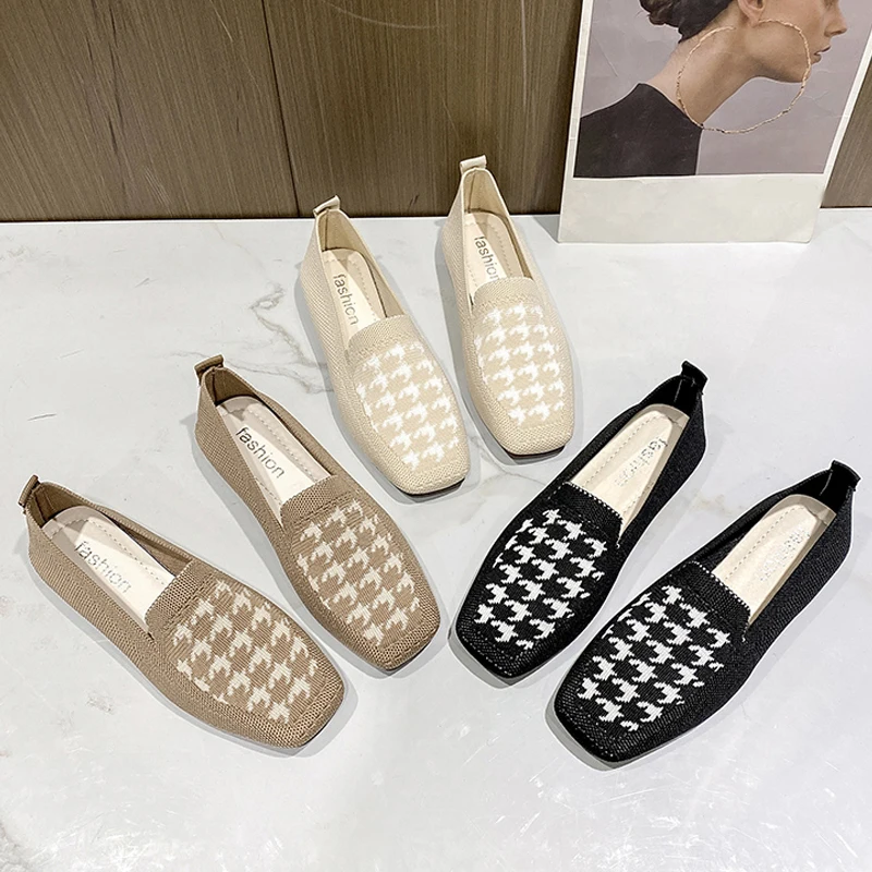 

Women's Moccasins Houndstooth Knitted Slip- on Shoes 2022 Spring Flat Loafers Ladies Wide Fit Zapatos De Mujer Flats Shoes Women