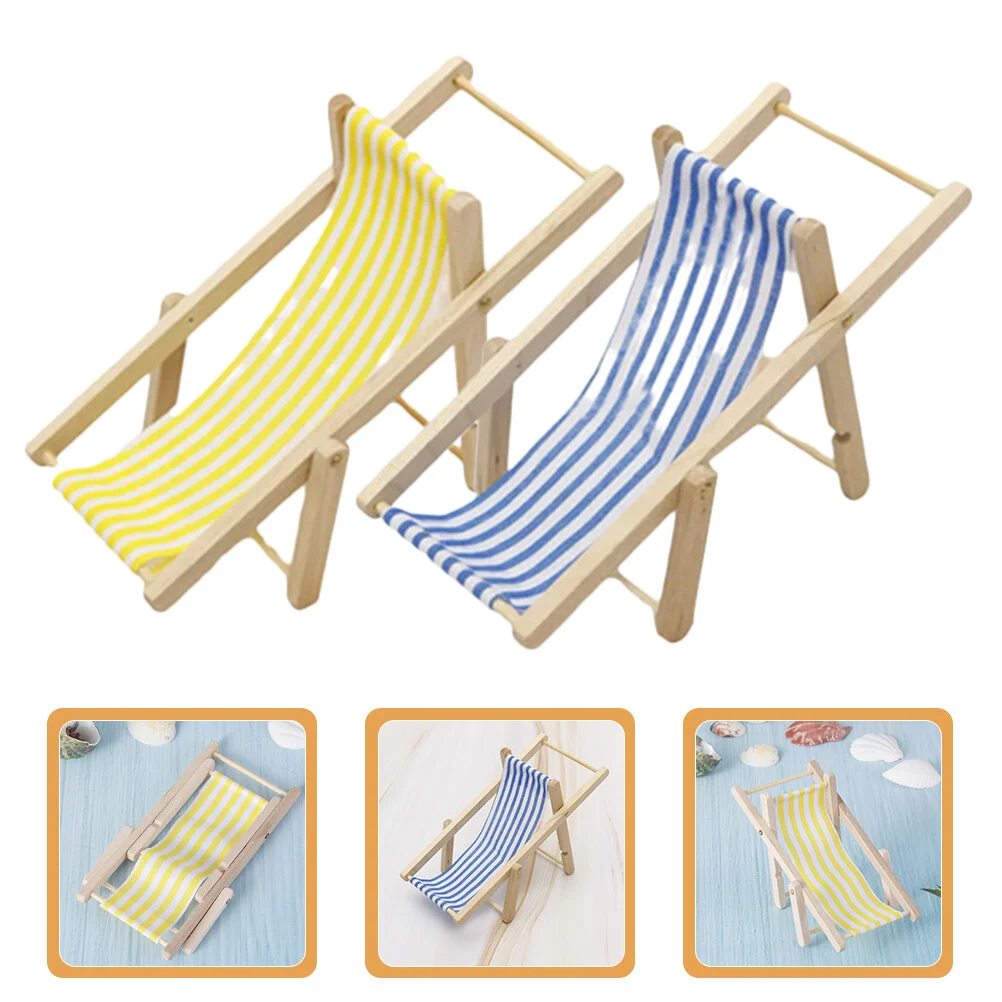 

2 Pcs Bench Mini Foldable Beach Chair Chairs Decorations Miniature Lounge Wood Deck Prop Model House Ornament Trim