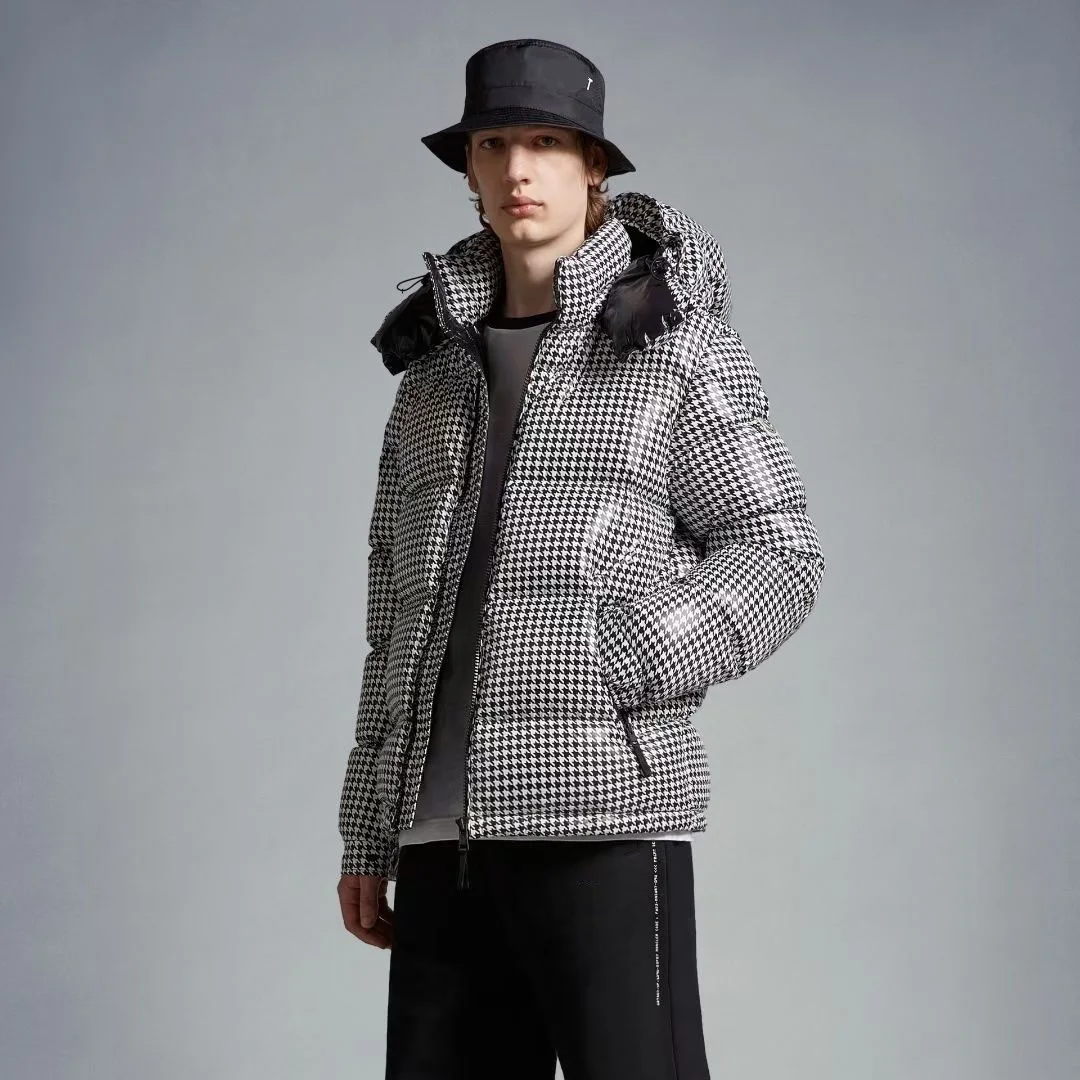 

2023 winter men's jacket PU coating houndstooth print warm casual men's down jacket y2k clothes New fashion hooded coat bra