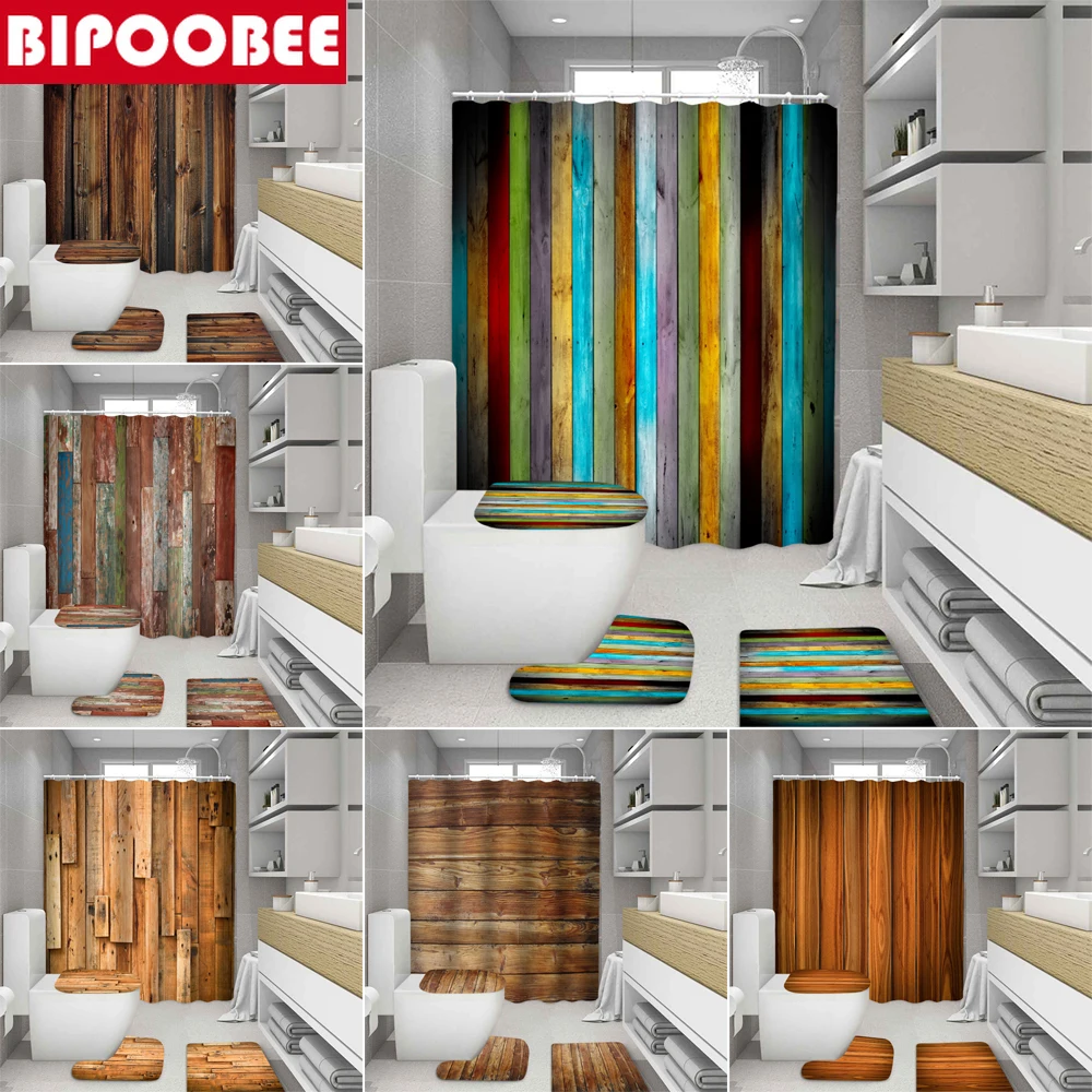 

Multicolor Wooden Board Shower Curtain Bathroom Set Fabric Bath Curtains Pedestal Rug Non-slip Carpet Toilet Cover Home Decor