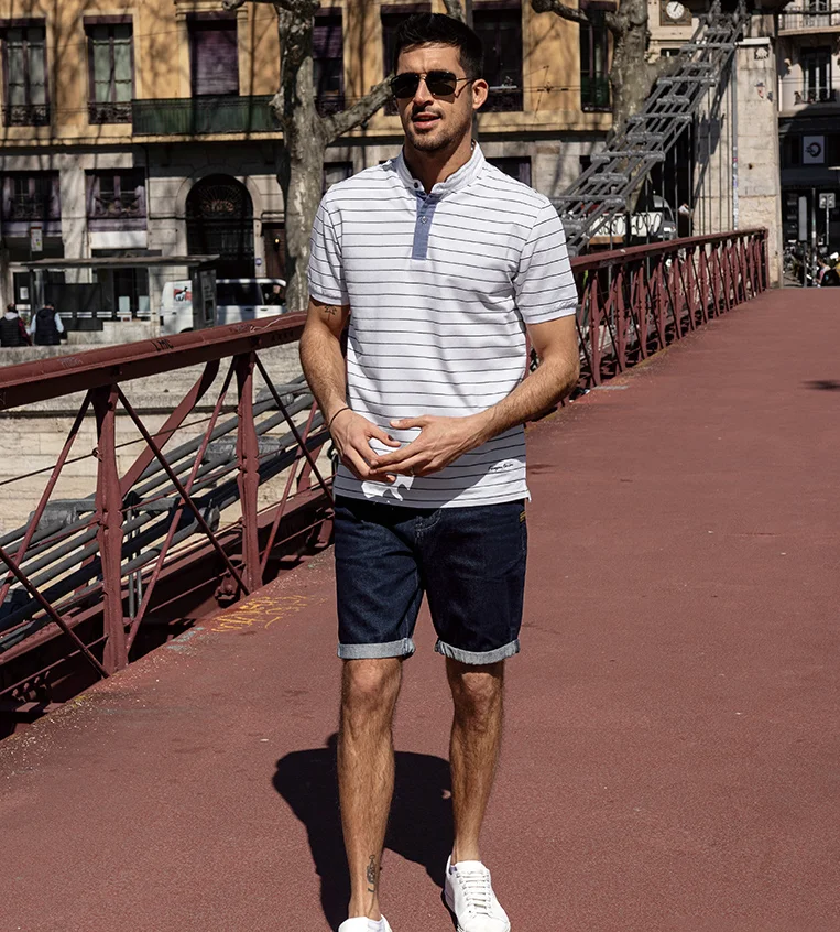 

J9921 Summer men's short sleeved striped polo shirt contrast color leisure fashion stand collar men's T-Shirt Top.