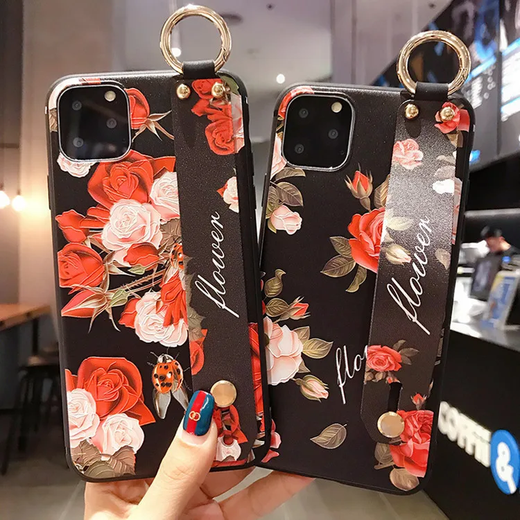 

Retro Style Rose Relief Wristband Phone Case for IPhone 11 12 13 Pro X Xr Xs Max 7 8 Plus Wrist Strap Holder Back Cover