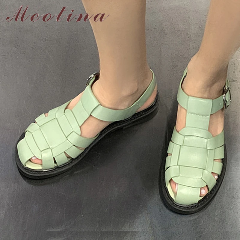 

Meotina Women Genuine Leather Gladiator Sandals Round Toe T-Tied Flats Buckle Narrow Band Ladies Casual Shoes Summer Green 40