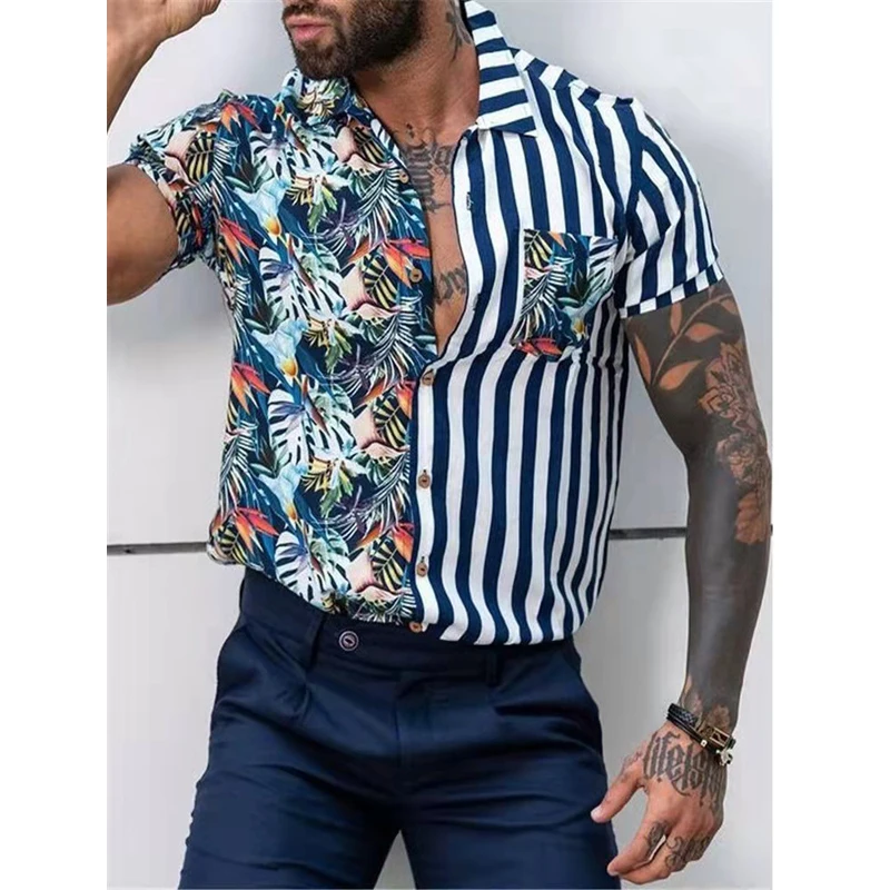 

2022 Fashion Men Hawaiian Shirt Short Sleeve Streetwear Print Striped Patchwork Summer Chic Blouse Male Beach Camisas S-5XL