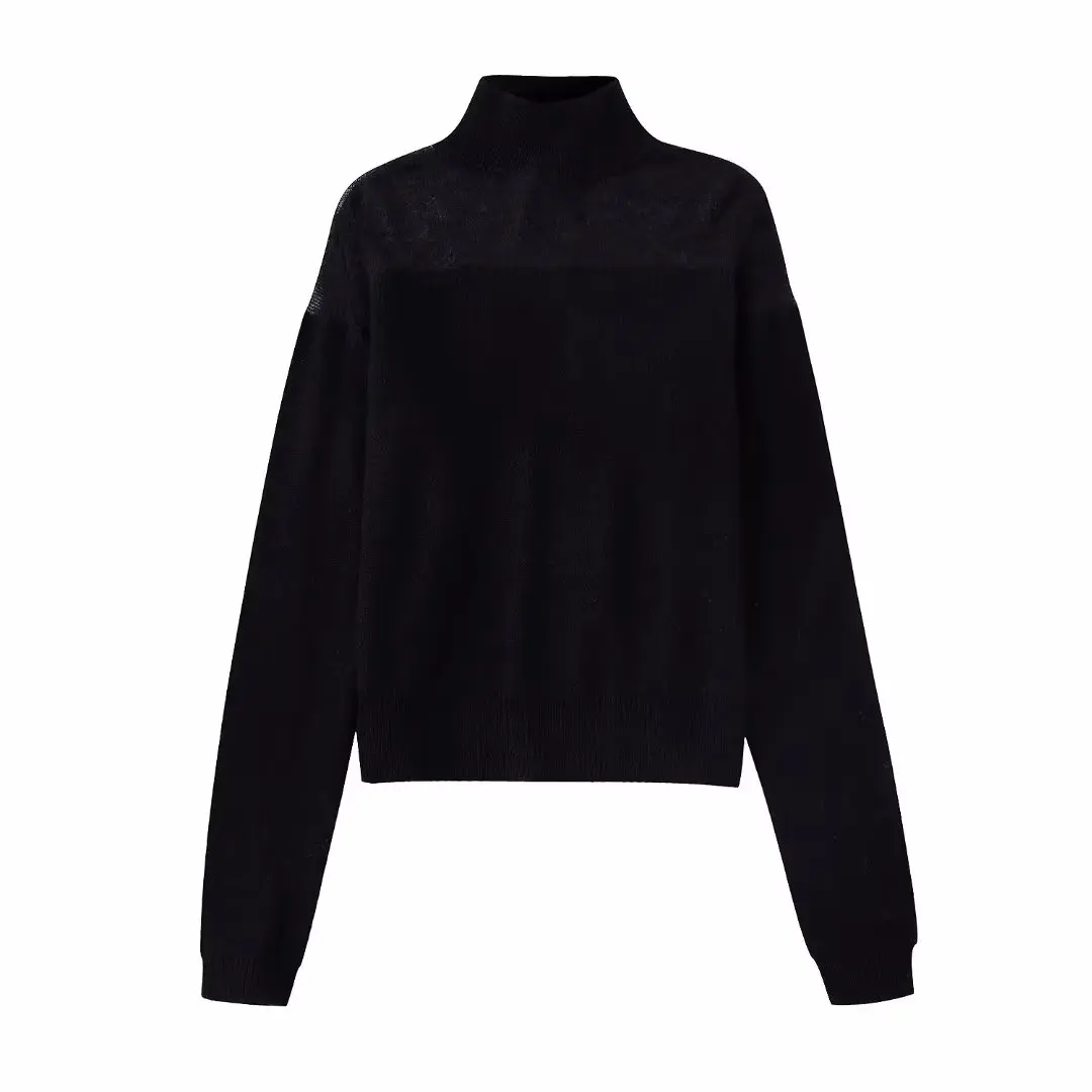 

Black translucent shoulder turtleneck sweater Women Knit Top Fall Winter Jersey Tops Chic Pulls Pullover Women Jumper