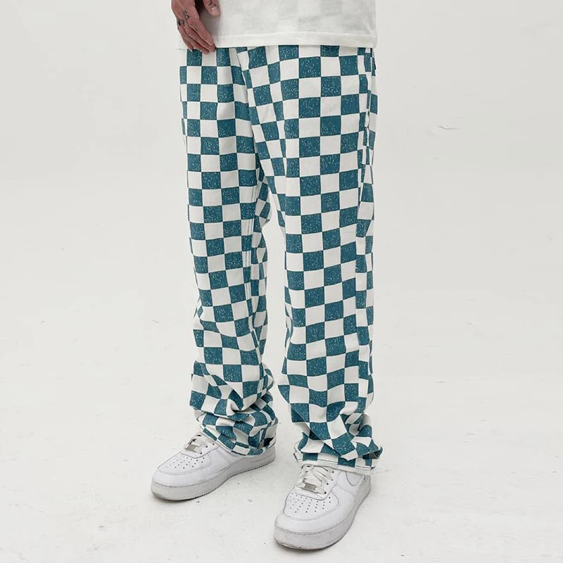 

Retro Color Block Ripped Streetwear Checkered Jeans Pants Mens Straight Vibe Style Casual Spring Denim Trousers Oversized