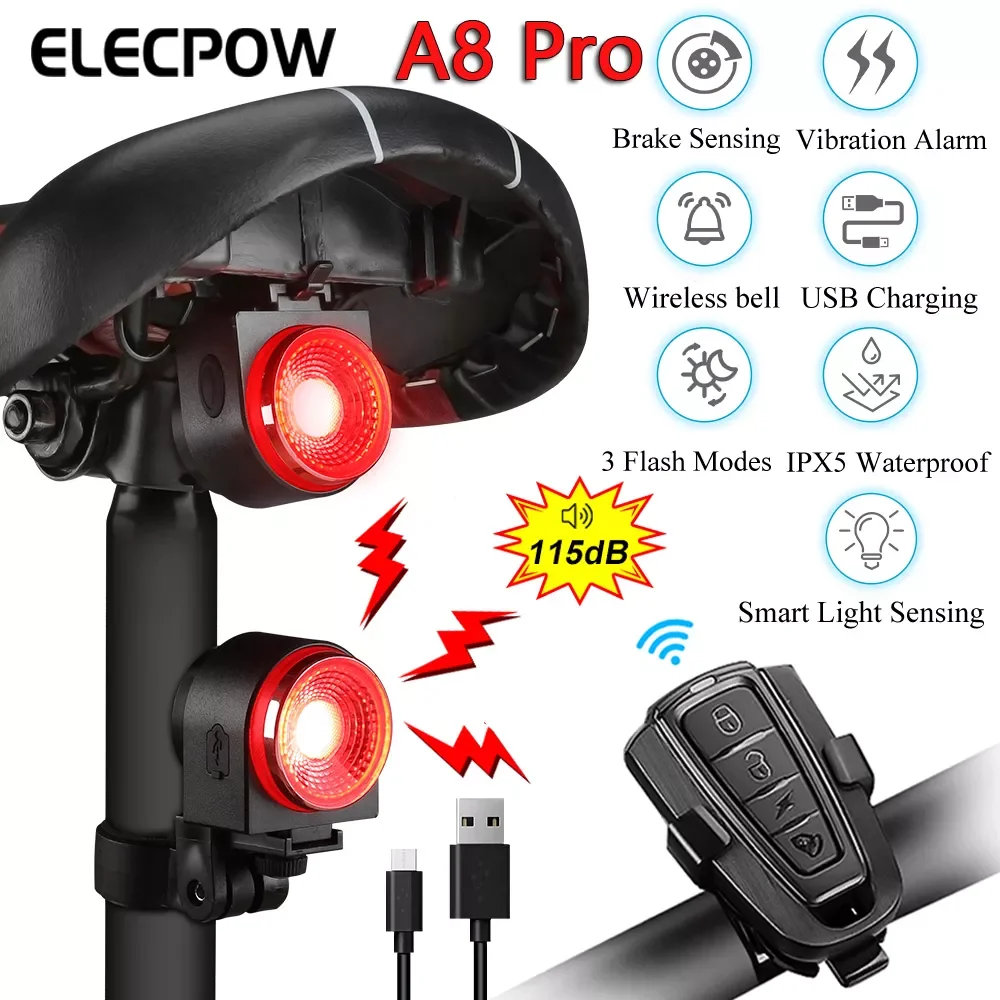 

Elecpow Bicycle Taillight Burglar Alarm Brake Sensing Light Wireless Remote Control USB Waterproof Bike Rear Light Horn A8Pro